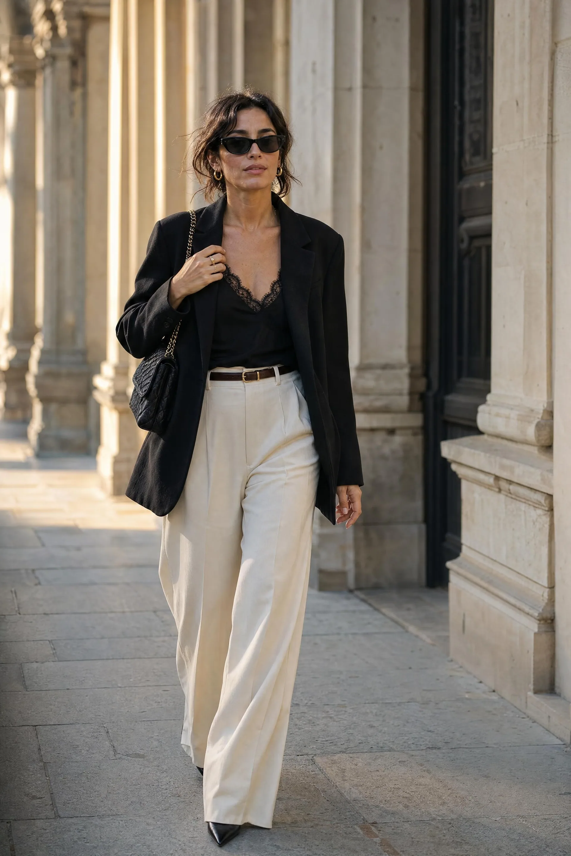A woman in an oversized black blazer, black lace camisole and cream trousers walks along a sunlit stone colonnade with a quilted black bag