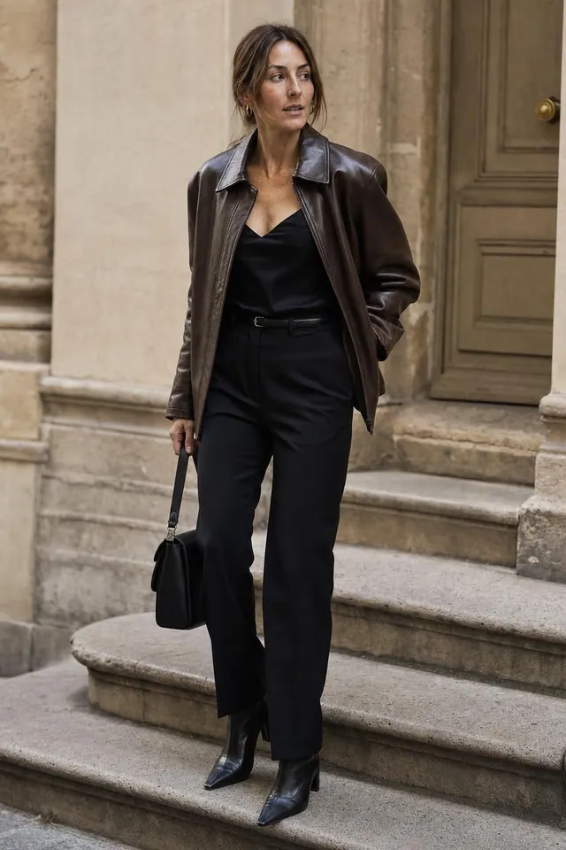 Inspiration: a woman in a chocolate brown leather jacket, black camisole and tailored trousers on old stone steps