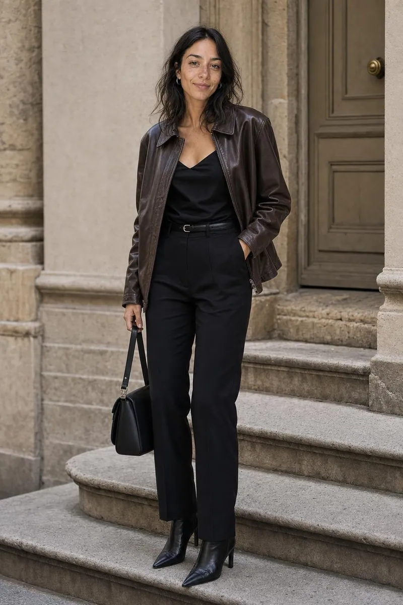 The same woman from the selfie wearing the leather jacket look, on stone steps