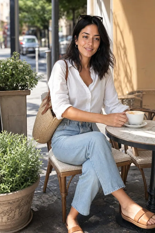 A woman in a white linen shirt and light jeans having coffee on a sunny terrace