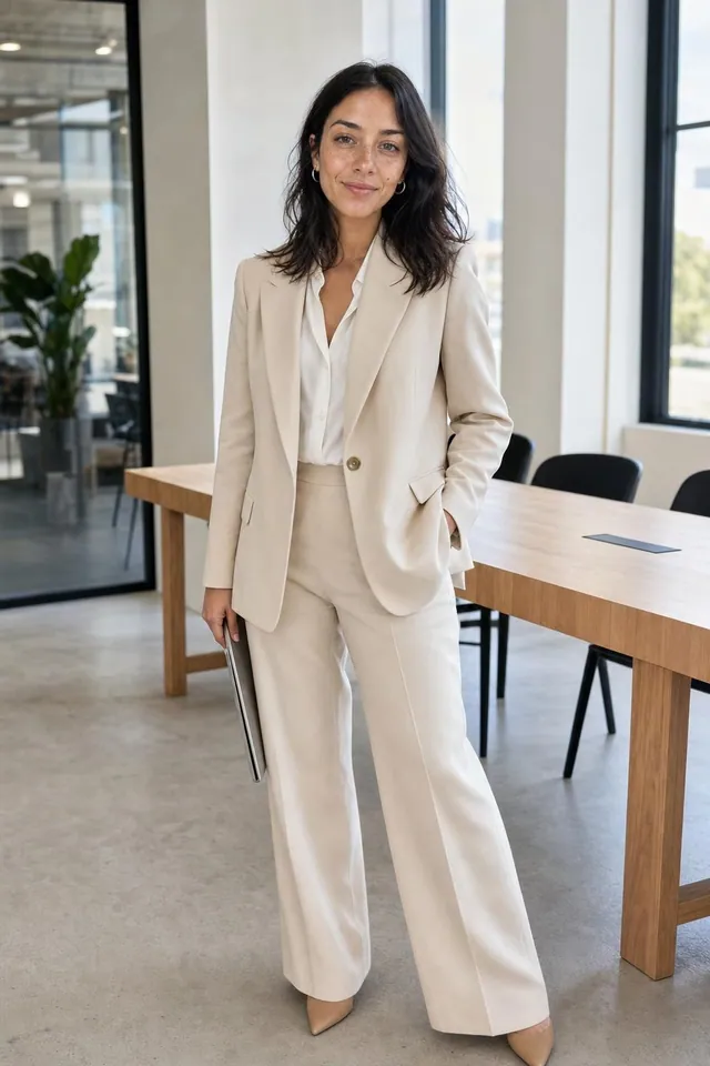 A woman in a cream tailored blazer and wide trousers in a bright office