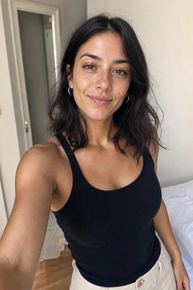 You: a selfie of a young woman with dark wavy hair in a black tank top